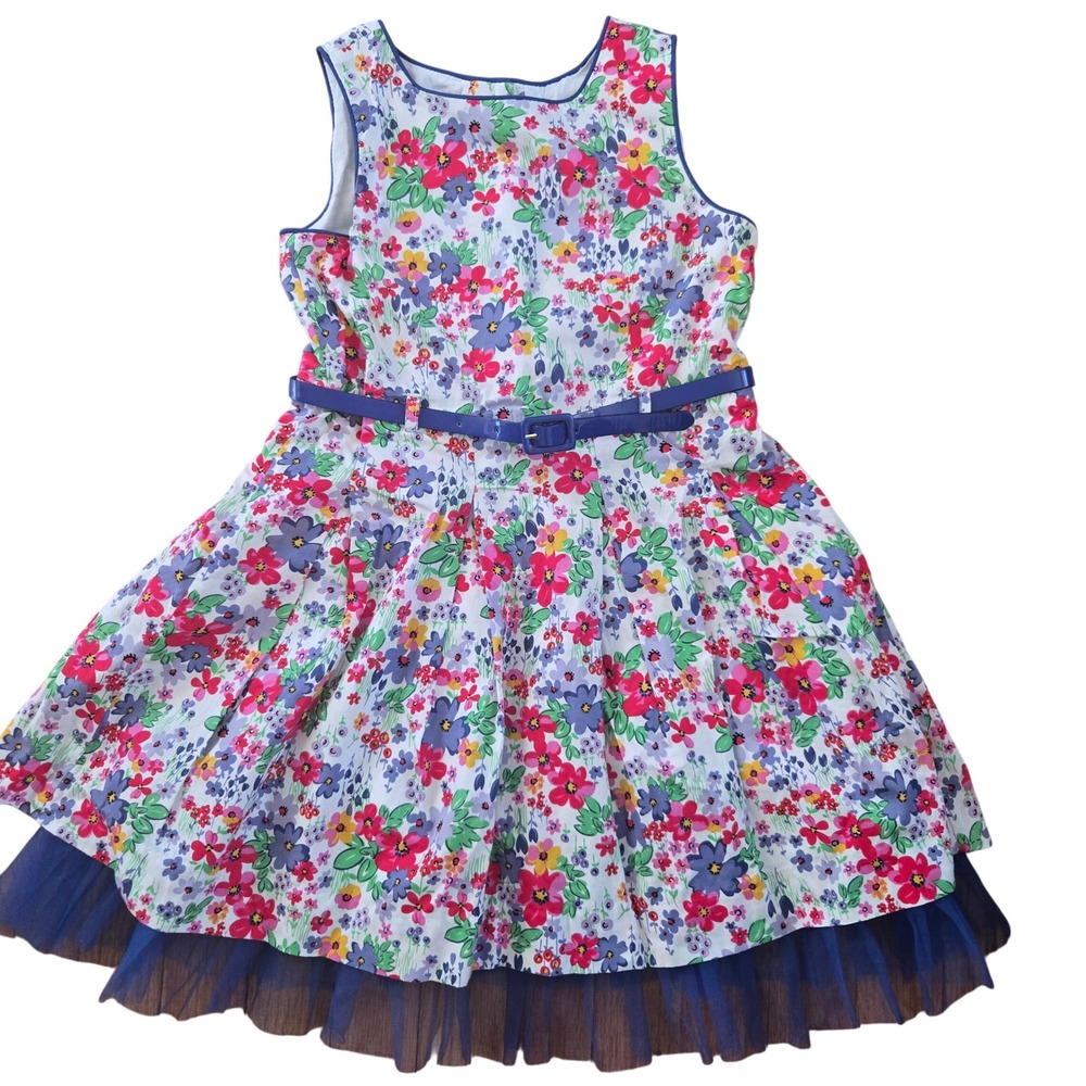 Willow Blossoms Girls Floral Belted Dress with Blue Tulle Hem Size 7 Multi-Color